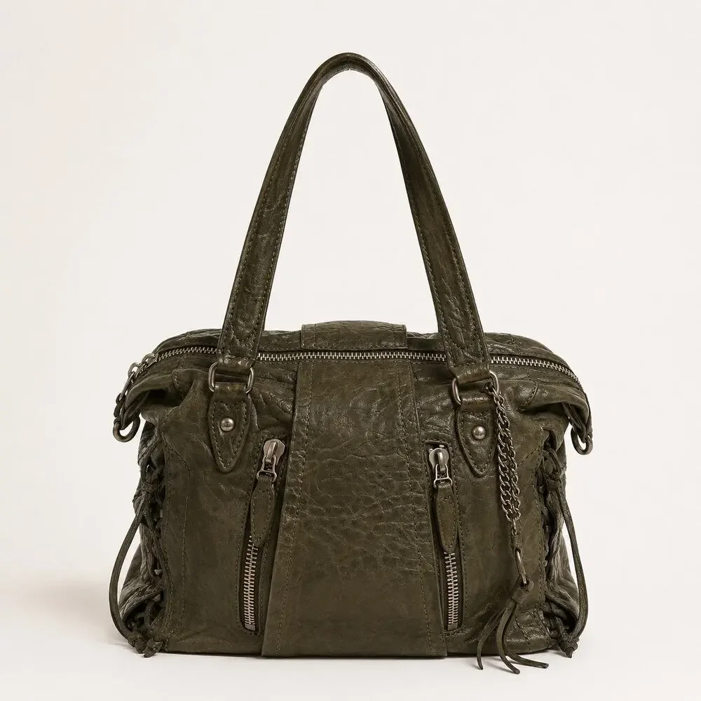 Olivia Harris Olive Green Genuine Leather City Satchel Boho Moto Bag